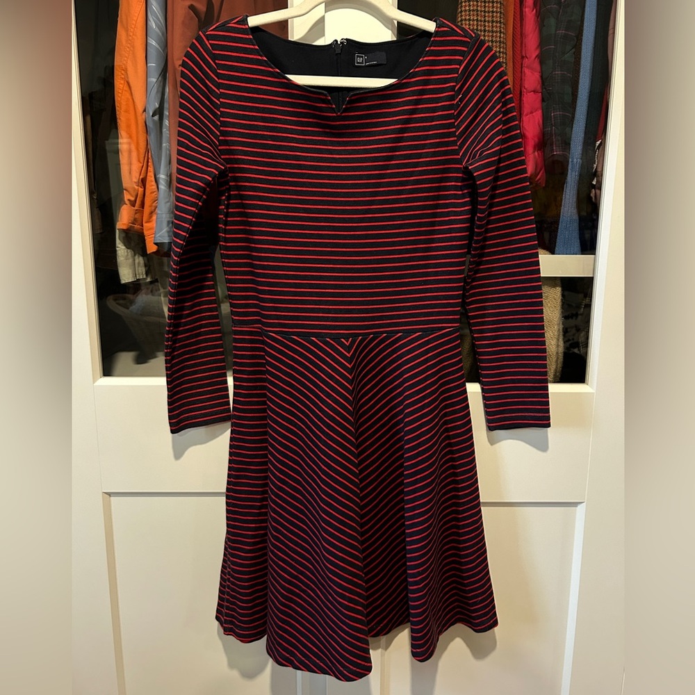 GAP Red and Navy Striped Long Sleeve Dress